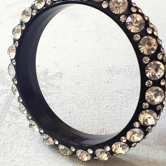 Vintage Heavy Black Metal Enamel Rhinestone Encrusted Bangle (See Description) - Picture 6 of 7